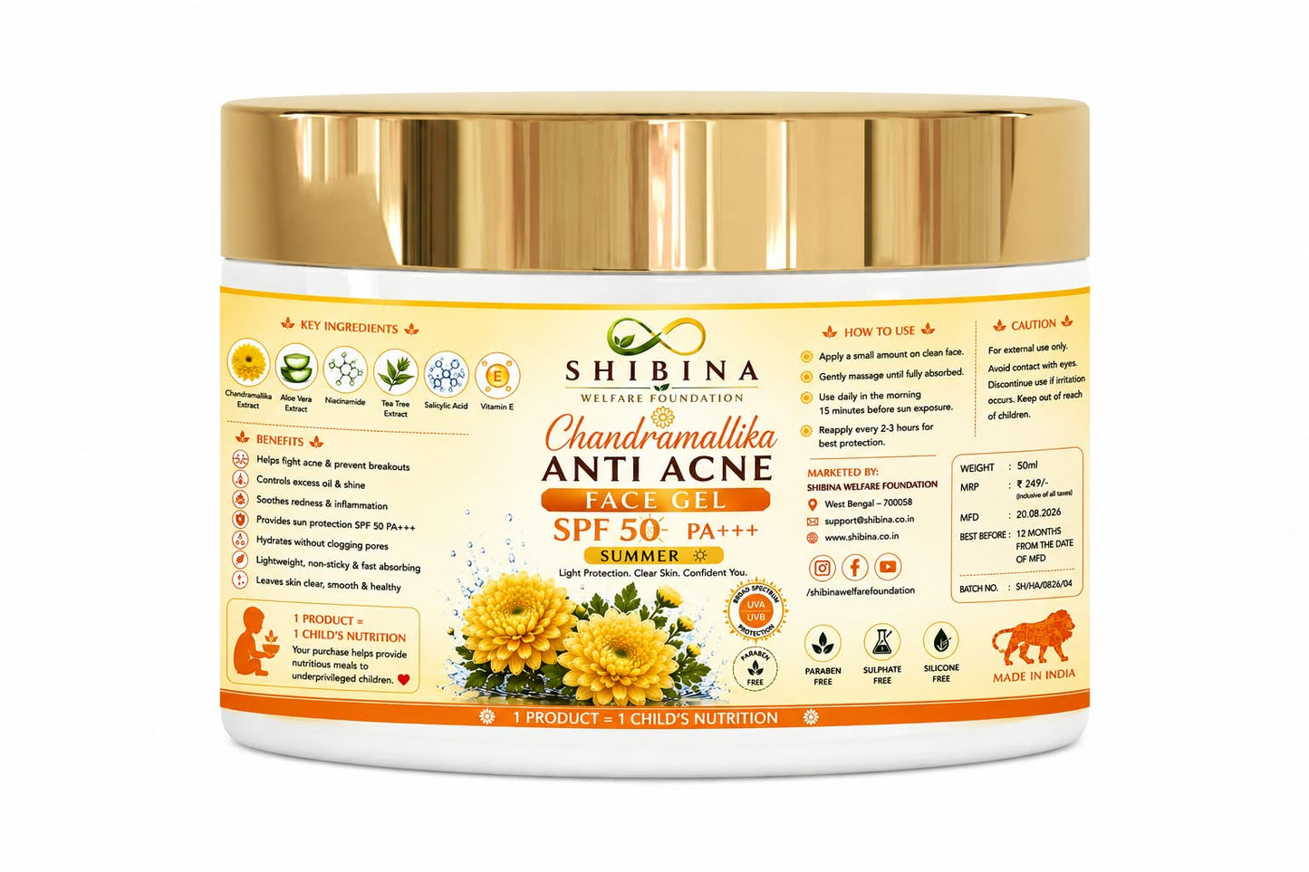 Shibina Chandramallika Anti Acne Face gel SPF-50 PA+++