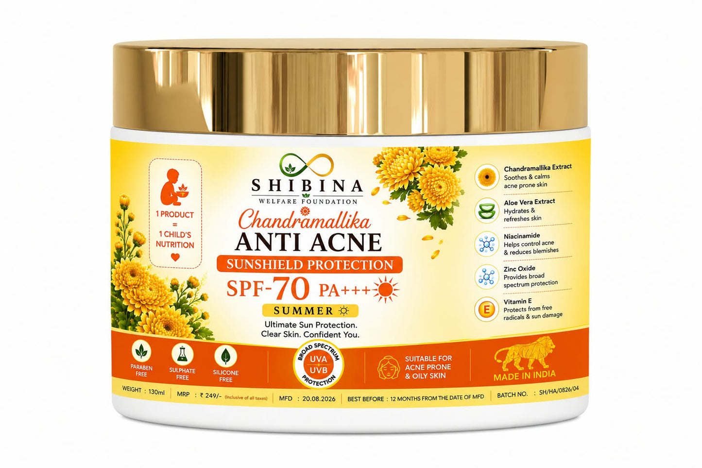 Shibina Chandramallika Anti Acne Sunshield Protection SPF-70 PA+++