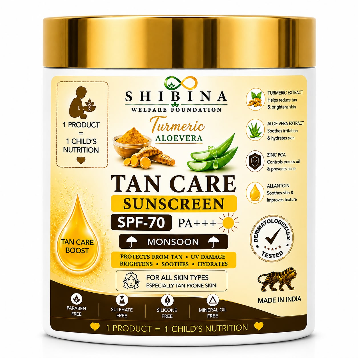 Shibina Turmeric Aloevera Tan Care Sunscreen SPF-70 PA+++ (Monsoon)