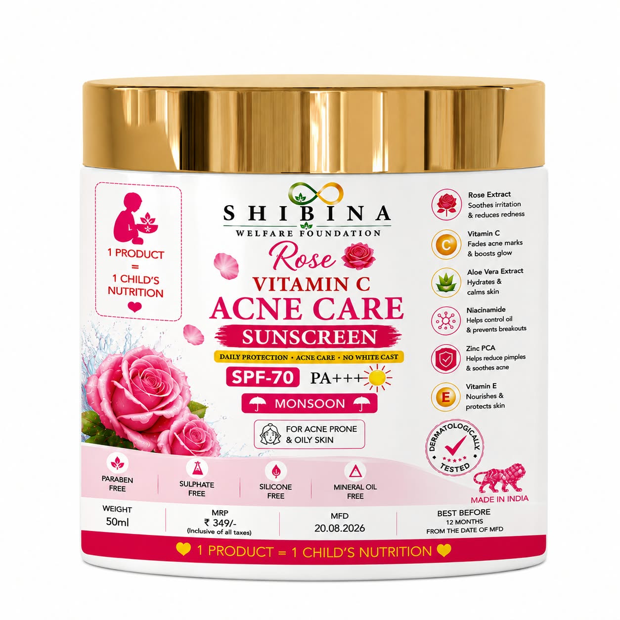 Shibina Rose Vitamin C Sunscreen SPF 70 PA++++ ( Monsoon)
