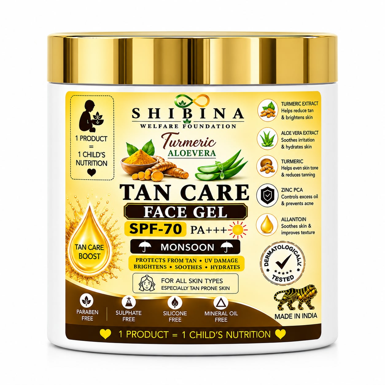Shibina Turmeric Aloevera Tan Care Face Gel SPF-70 PA+++ (Monsoon)